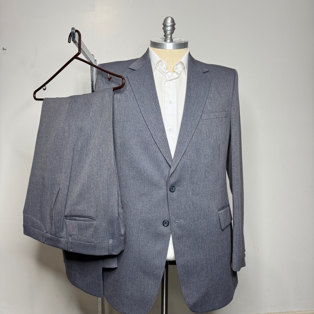 1980s Mens Gray Stripe Suit 46L‎ 42W 2 Piece Perma-Press Business Formal